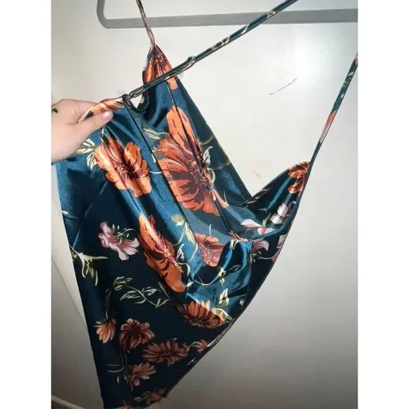 Women's Teal Floral Silk Adjustable Strap Open Back Drape Mini Night Dress - Picture 5 of 6